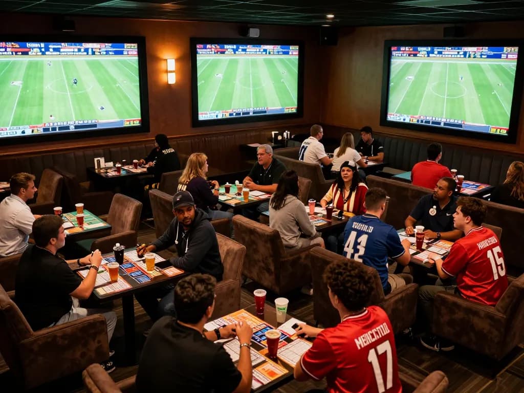 Engaging atmosphere of sports betting lounge showing excitement of Luật Phạt Đền & Đá Phạt in action.