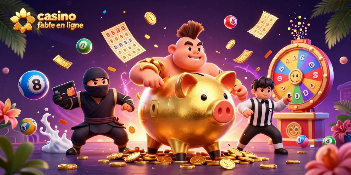 Casino fiable en ligne : Illustration d'une scène dynamique avec un cochon tirelire et des éléments de jeu colorés.