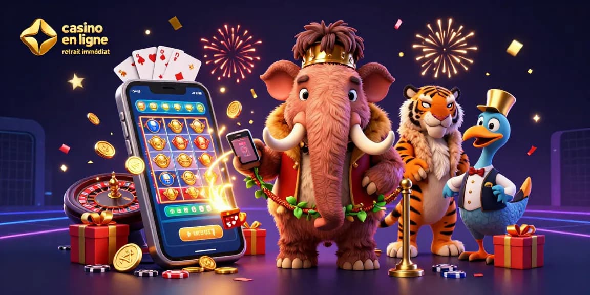 Illustration dynamique d'un mammouth bouncer et un tigre VIP à un casino, présentant le casino en ligne retrait immédiat.