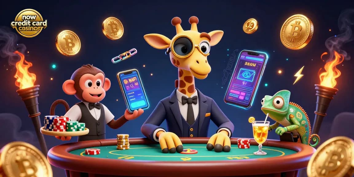 Play at new credit card casinos with vibrant characters enjoying golden cocktails and poker tables.