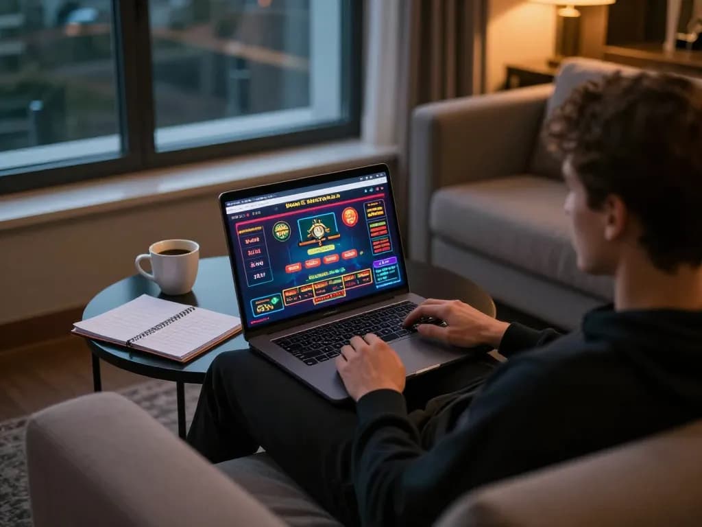 Engaging in casino online americani gameplay on a laptop, highlighting strategic movements in a cozy setting.