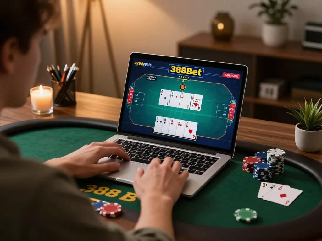 Engaging poker gameplay on 388bet platform, showcasing strategy and excitement in a home environment