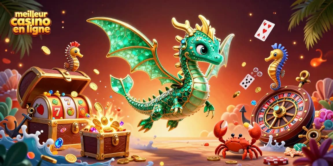 Plongez dans l'univers du meilleur casino en ligne avec ce dragon de mer flottant, entouré de trésors.