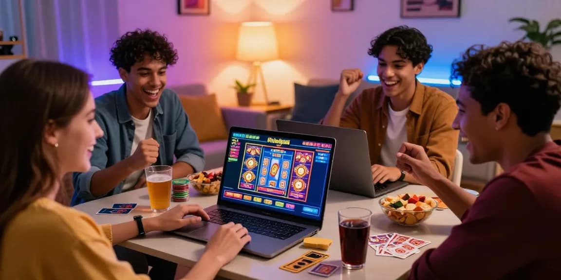 Un groupe animé profitant d'une soirée de jeu de casino en ligne sans vérification, avec des machines à sous numériques et des jeux de cartes.