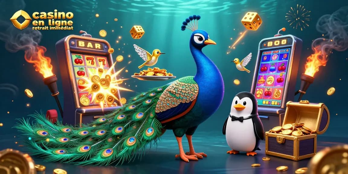 Casino en ligne retrait immédiat avec une machine à sous éclatante, des personnages colorés et des symboles chanceux dispersés.