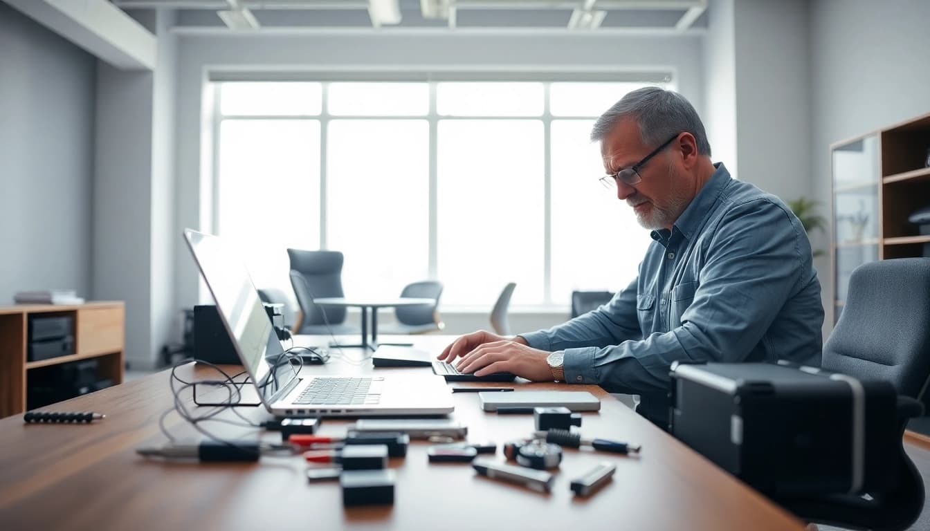 Repairing laptops in a professional computer repair workspace with tools readily available.