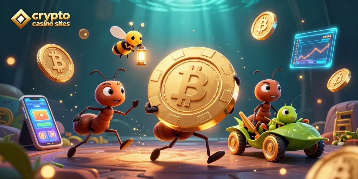 Scopri i migliori crypto casino sites con protagonisti formiche che portano un chip d'oro e simboli di criptovalute
