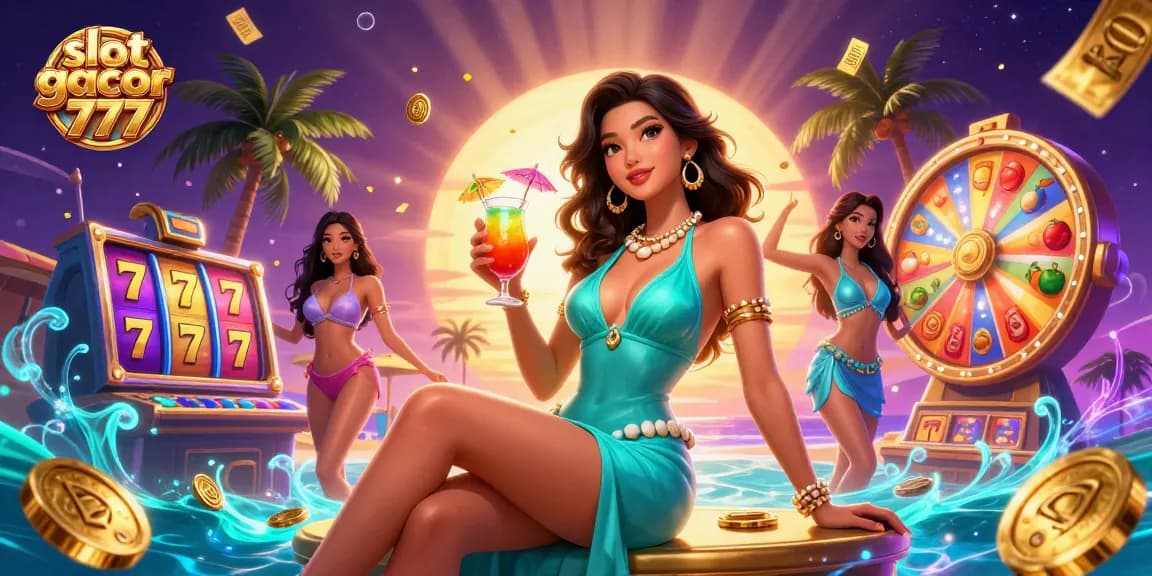 Engage with slot gacor 777 through vibrant 3D illustration filled with rich gambling elements and trophy imagery.