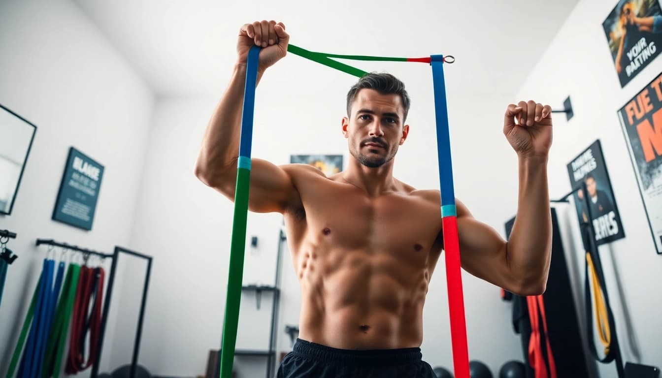 Stretch bands for pull-ups in action, showcasing vibrant resistance bands used by a fitness enthusiast in a modern gym setting.