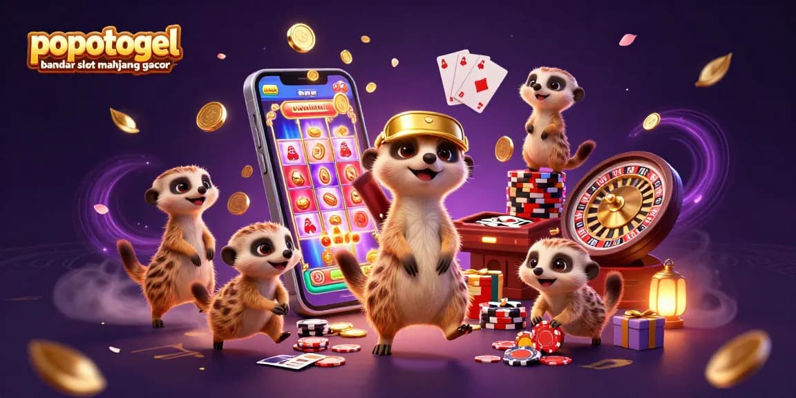 Experience the excitement of popotogel bandar slot mahjong gacor with lively meerkat casino characters amidst colorful gaming elements.