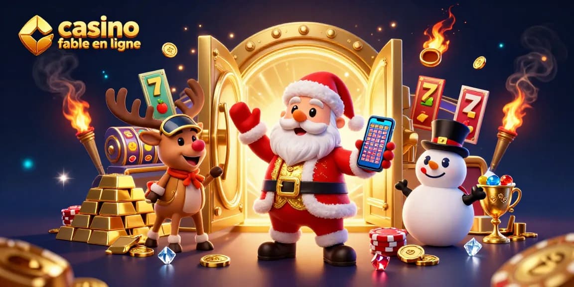 Jouez sur un casino fiable en ligne avec Santa, son renne et un bonhomme de neige, entourés de richesses et de jeux de machines à sous.