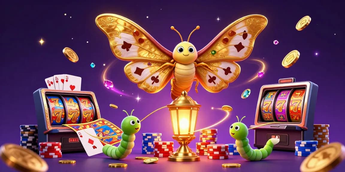 Experience bitcoin jackpot slots with a 3D illustration showcasing an atlas moth and casino elements spinning towards massive wins.
