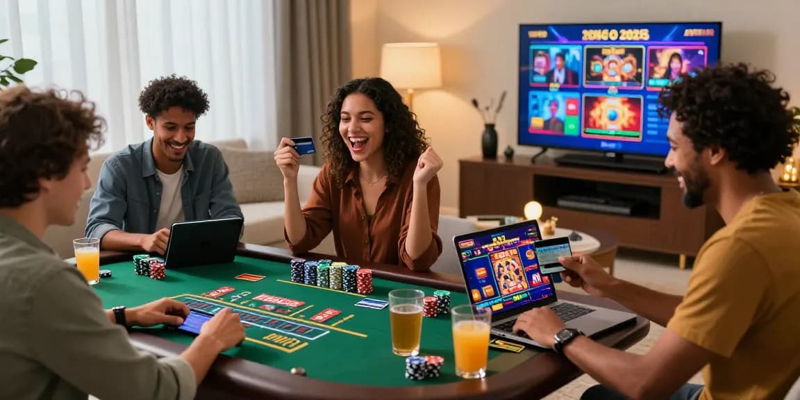 Players enjoying live dealer games at credit card casinos from home, celebrating wins with an inviting gaming setup.