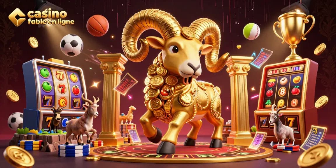 Illustration dynamique représentant un casino fiable en ligne avec un bélier doré chargé vers une porte dorée.