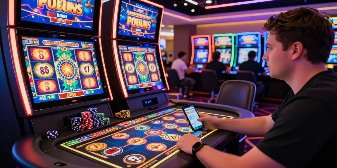 Player enjoying bonus buy slots at a vibrant online casino, surrounded by colorful screens and chips.