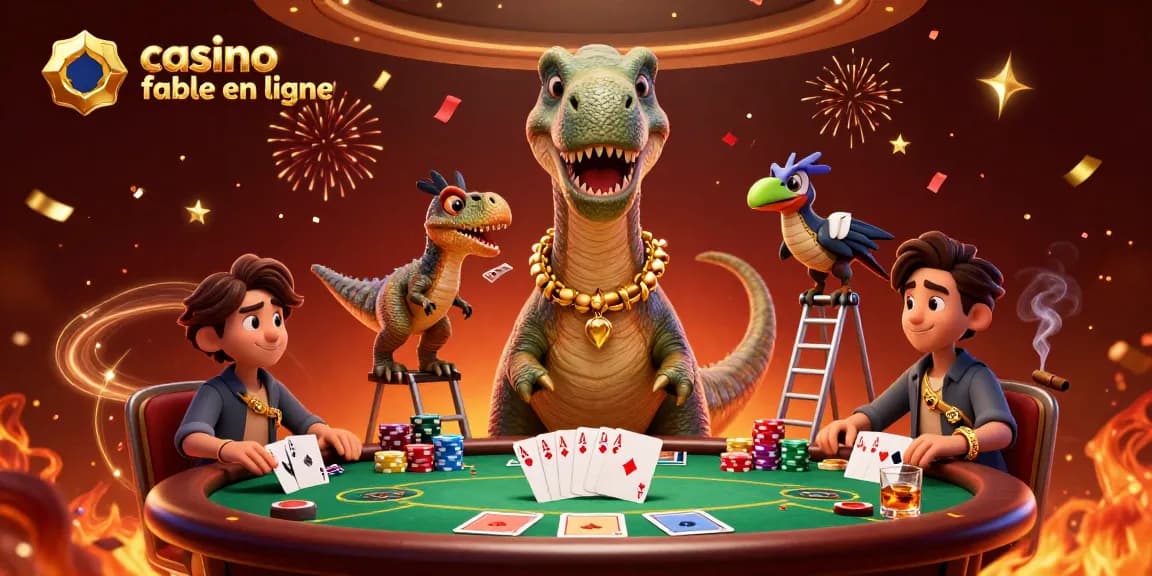 Casino fiable en ligne avec un brontosaure et un raptor animés jouant au poker dans un environnement festif.