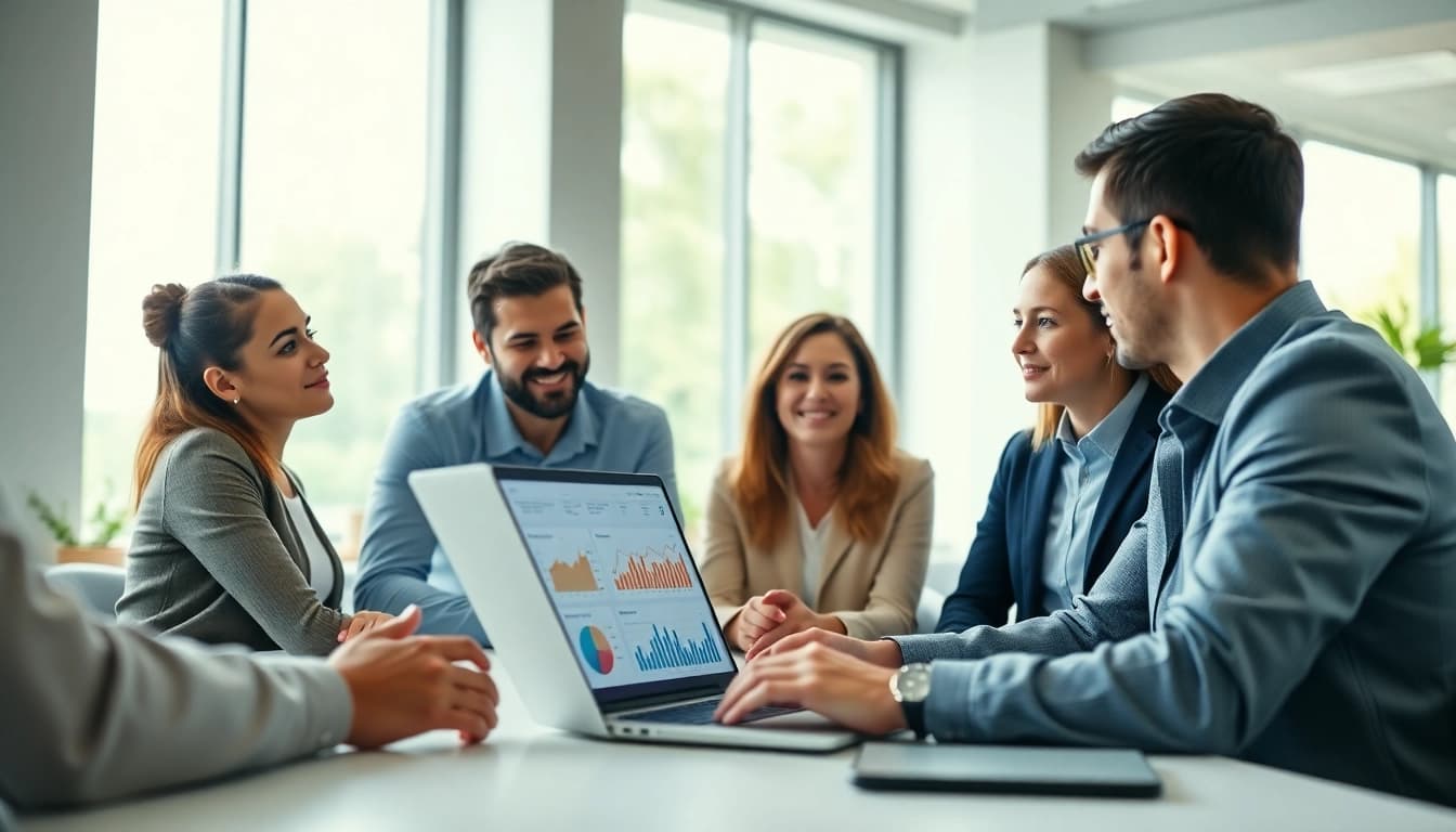 Analyzing SEO performance data with professionals discussing data insights.