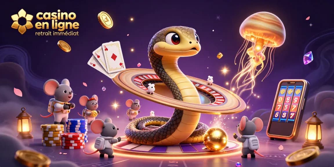 Jouez dans un casino en ligne avec retrait immédiat, entouré de serpents et de jetons colorés.