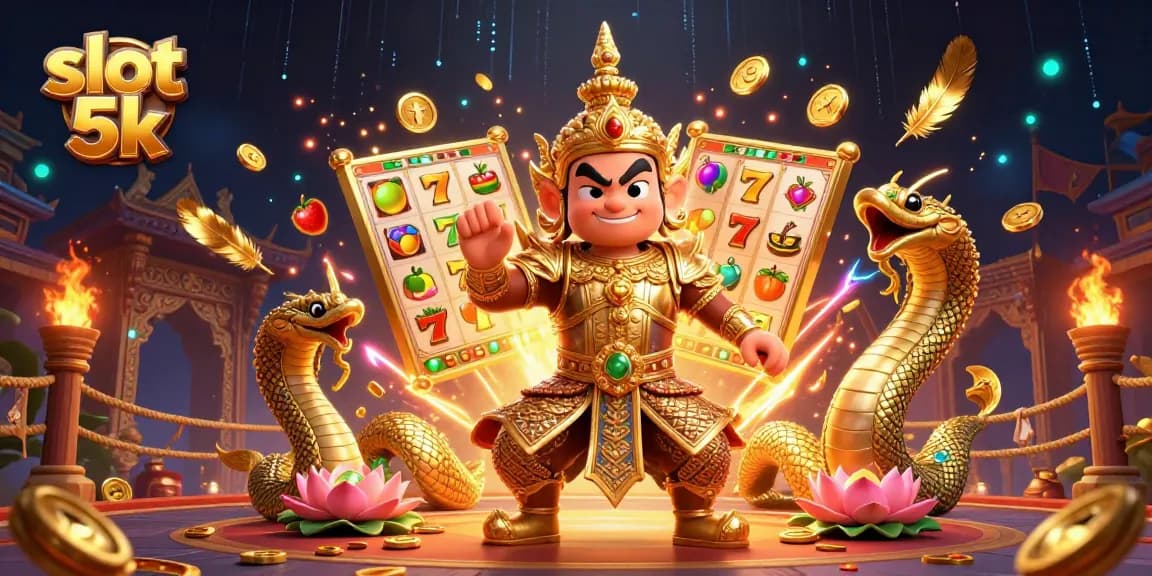 Experience thrilling wins at slot 5k with vibrant 3D illustration of guardians and symbols.