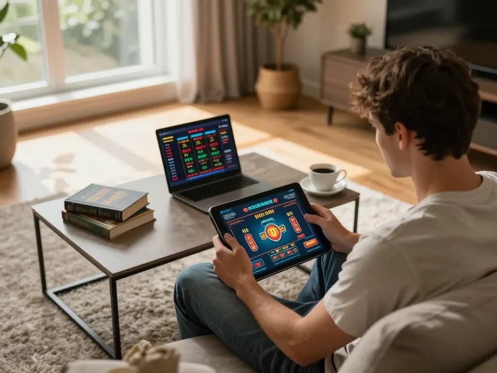Engaging in casino senza licenza aams gameplay at home on tablet, cozy setting with strategic betting.