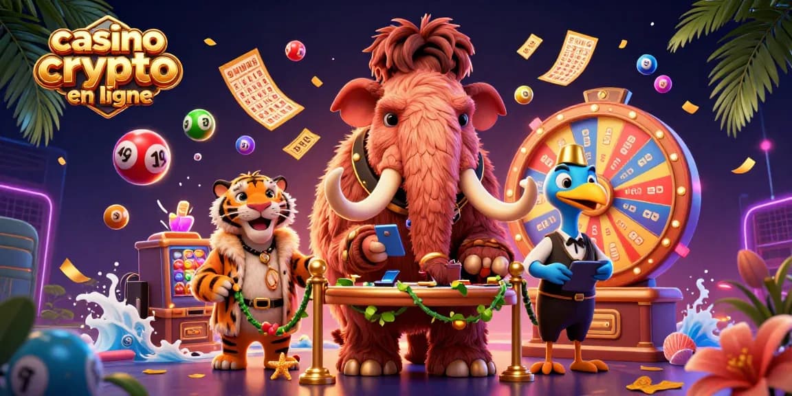 Plongez dans l'univers du casino crypto en ligne avec notre illustration vibrante de personnages captivants et éléments ludiques.
