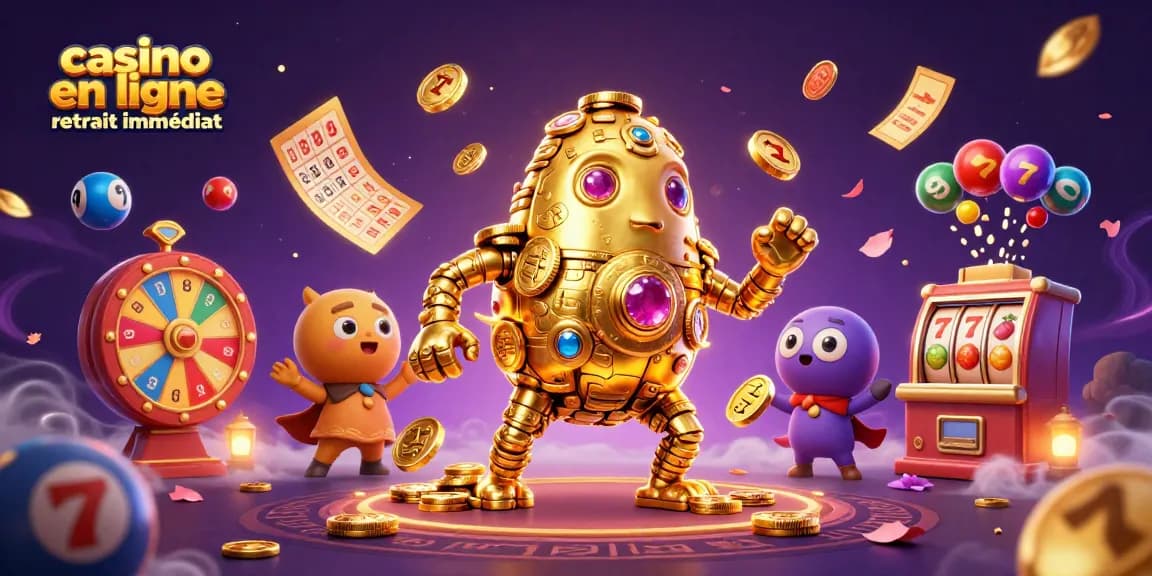 Découvrez le monde des gains avec le casino en ligne retrait immédiat illustré par un golem doré ludique.