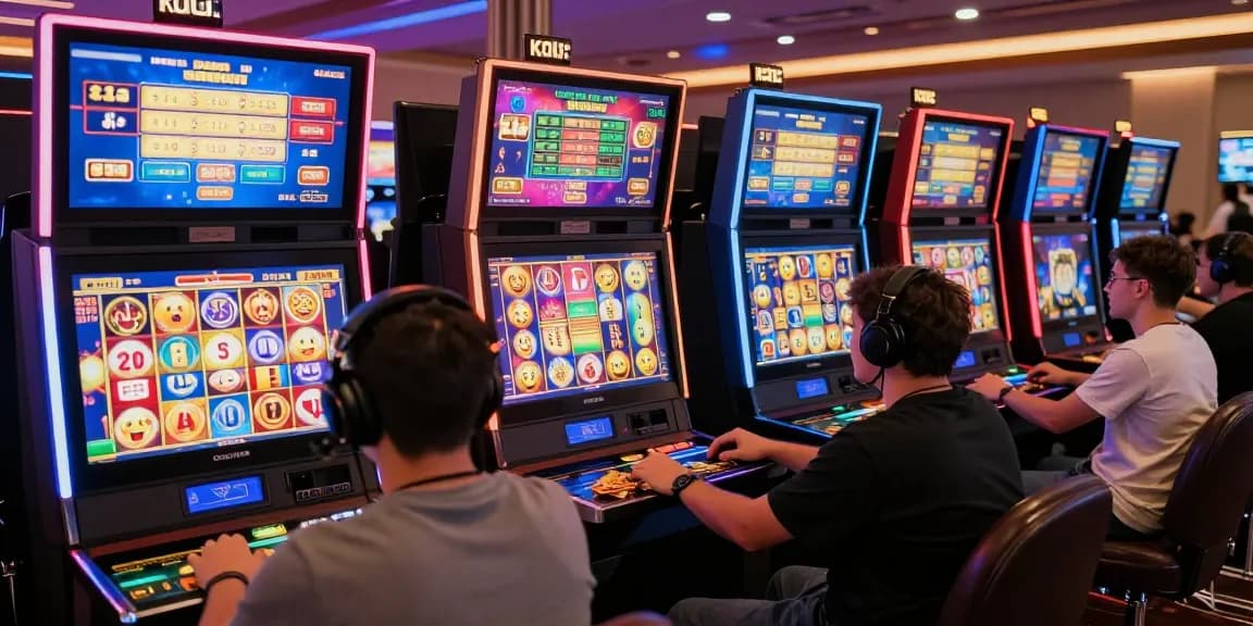 Exciting online slot gaming experience featuring players interacting with vibrant slot machines in a lively virtual casino.