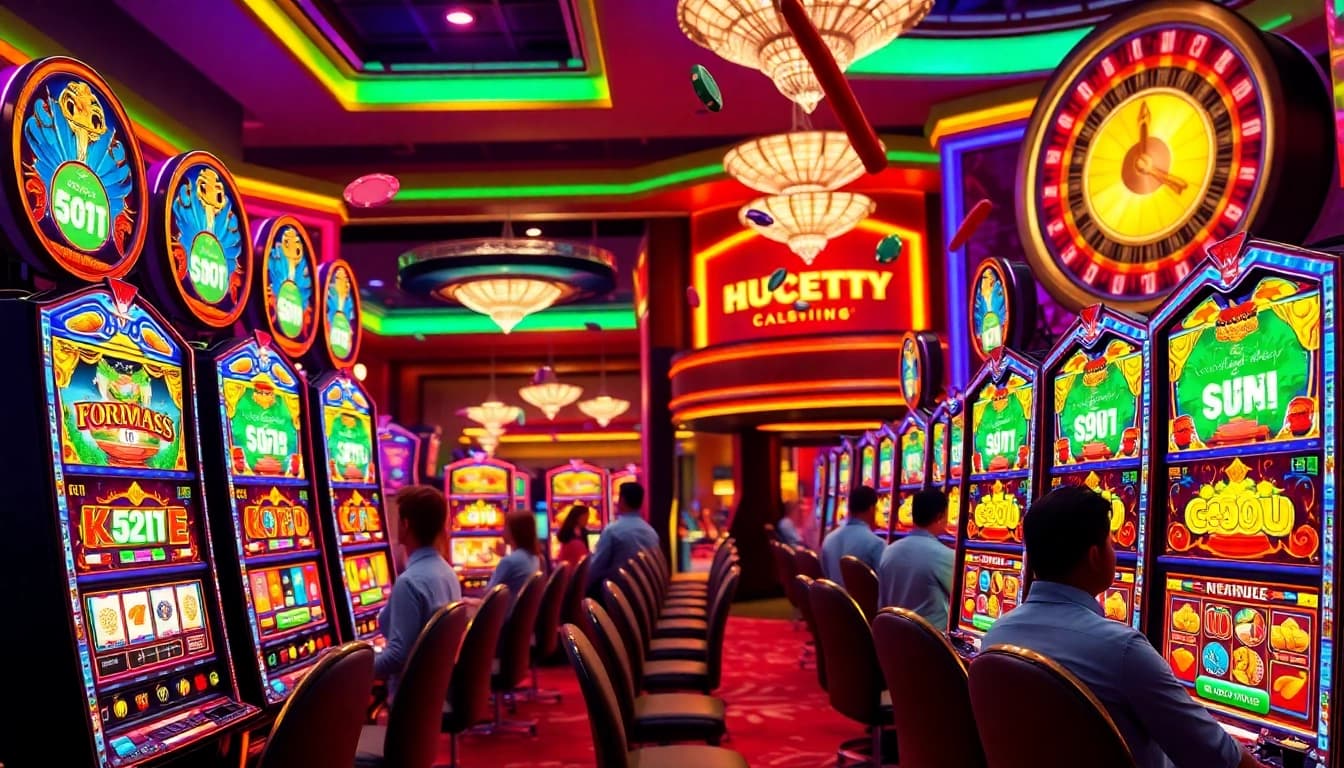 Playing exciting slot machines in a vibrant casino atmosphere filled with colorful lights.