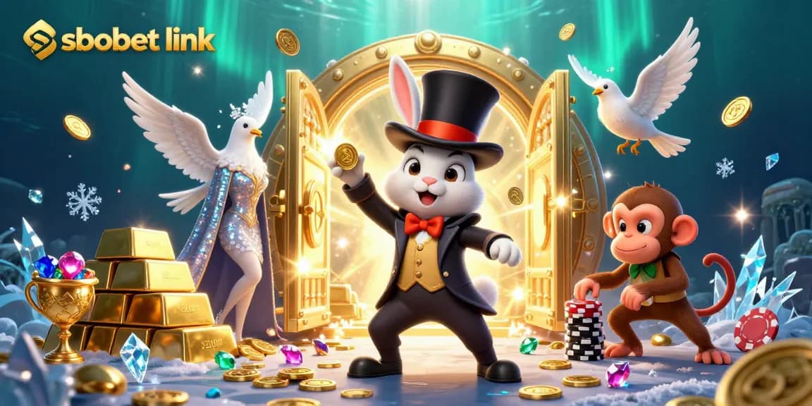 Engage with sbobet link as a 3D cartoon magician rabbit intricately displaying glittering coins amid dynamic gaming elements.