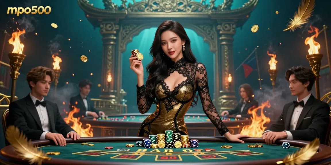 Bet at mpo500 with a stunning Asian woman at a VIP baccarat table, showcasing luxury and high-stakes action.