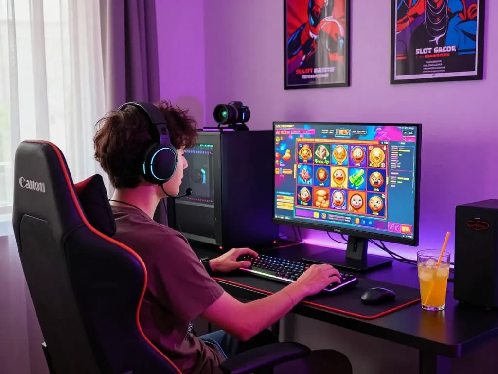 Pemain menikmati permainan slot gacor online dengan visual yang cerah dan camilan.