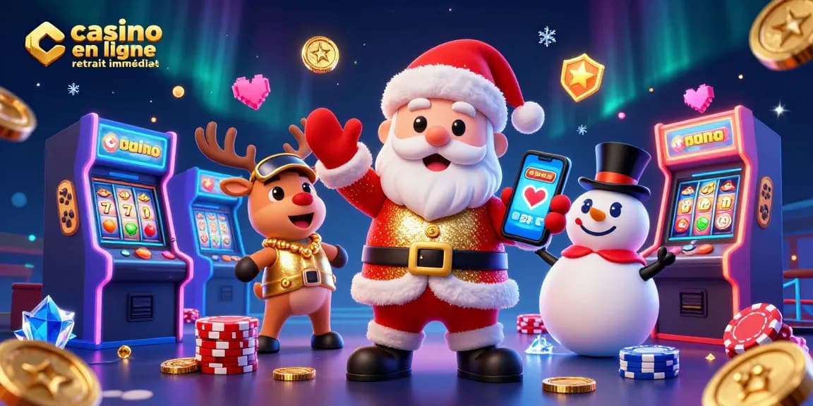 Illustration festive de Santa Claus jouant à un casino avec un smartphone et ses amis, inspirée par le casino en ligne retrait immédiat.