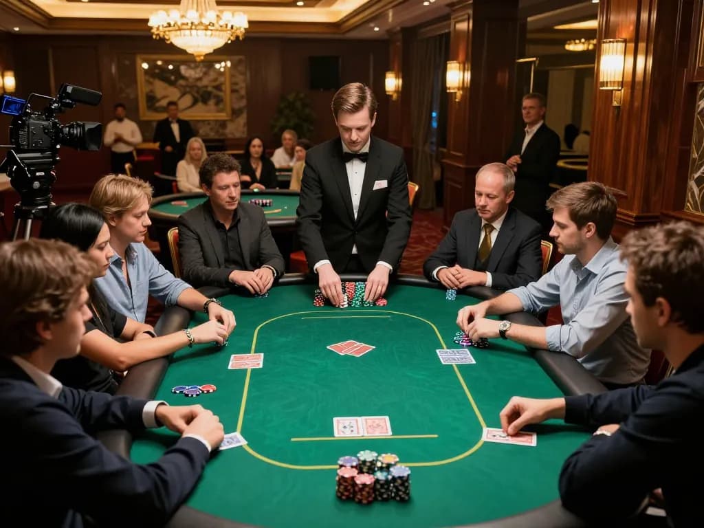 Players engaged in a thrilling poker game at cm88-bet in an upscale casino setting, featuring expert dealer actions and vibrant environment.