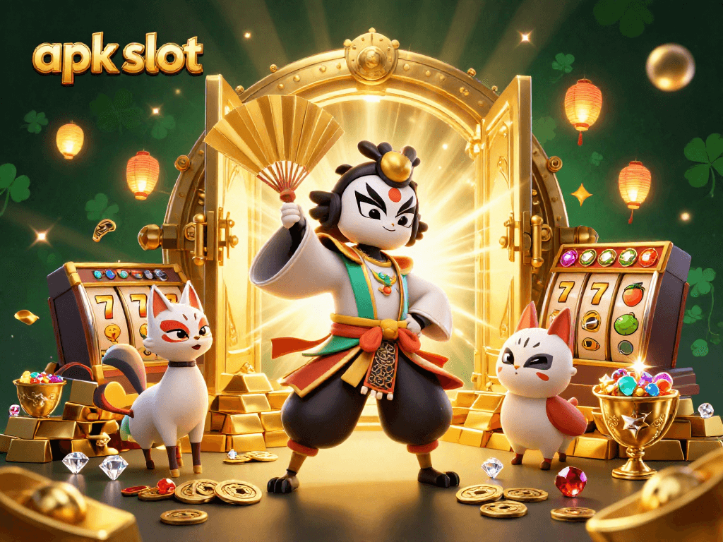 Menangkan jackpot slot dengan apk slot di situs terbaru, dikelilingi lembar emas dan simbol keberuntungan.