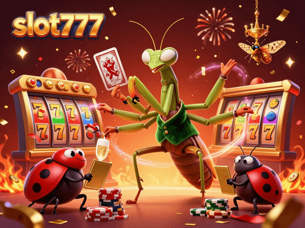 Experience slot777 excitement with vibrant slot reels and dynamic characters in a festive casino scene.
