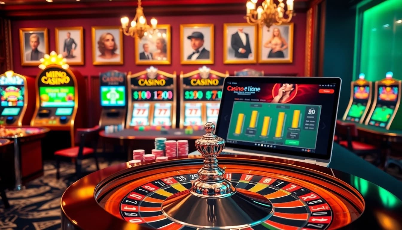 Scène de jeux d'argent en ligne captivante illustrant un casino en ligne fiable avec des jetons de poker élégants et des machines à sous.