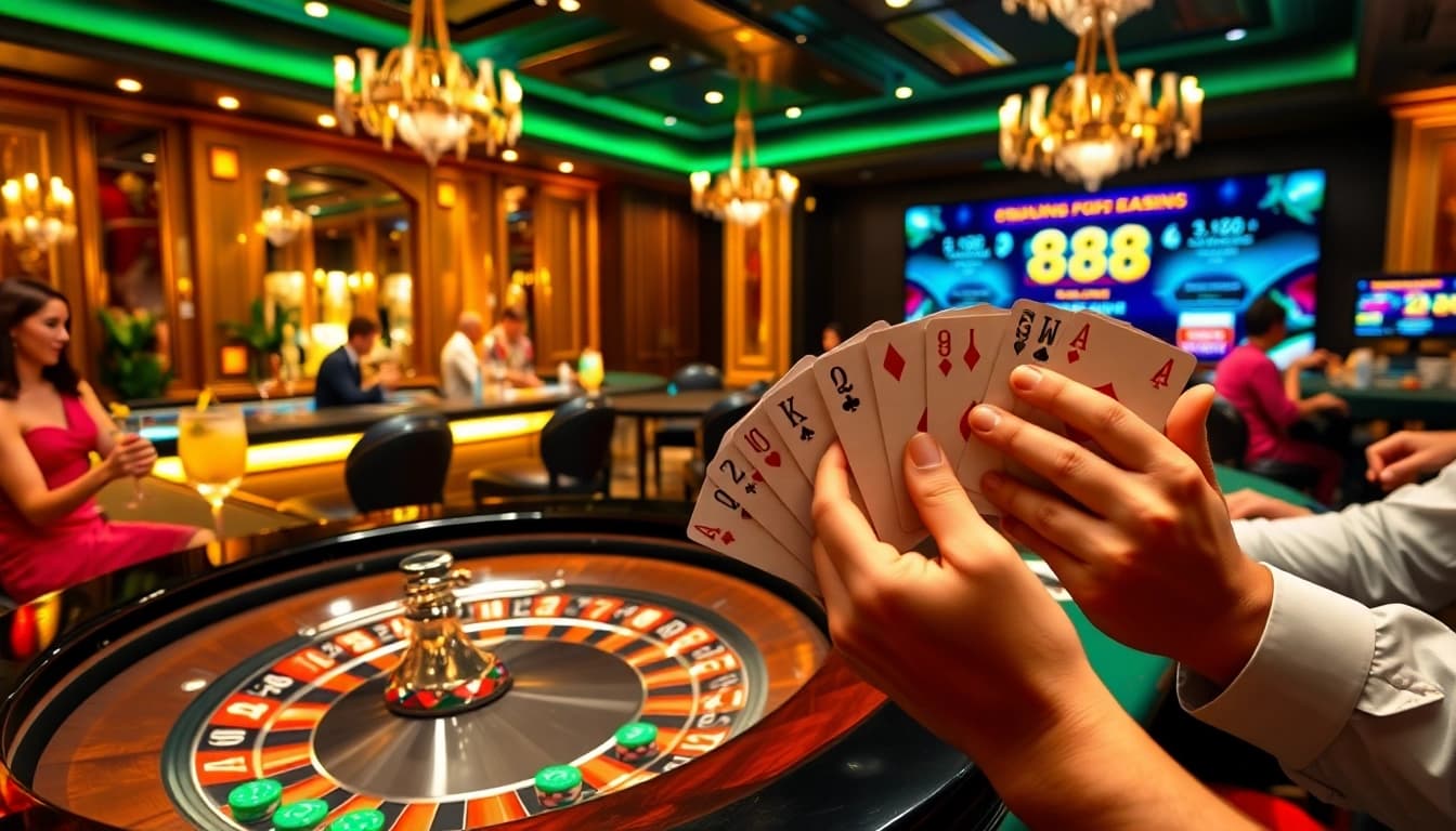 Excited players at rr 88's glamorous casino table celebrating a winning hand.