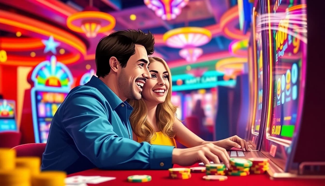 Erleben Sie den neuen Casino Bonus ohne Einzahlung, mit einem glücklichen Paar an einem Spielautomaten.