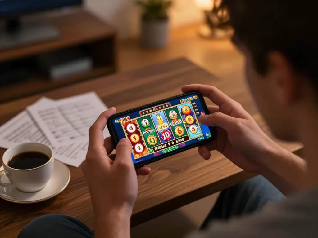 Player enjoys thrilling slot server Thailand game on smartphone at home, surrounded by strategies and coffee.