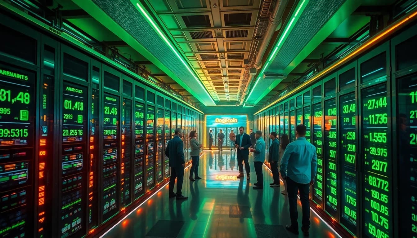 Dynamic scene of dogecoin cloud mining facility highlighting AI technology and teamwork.