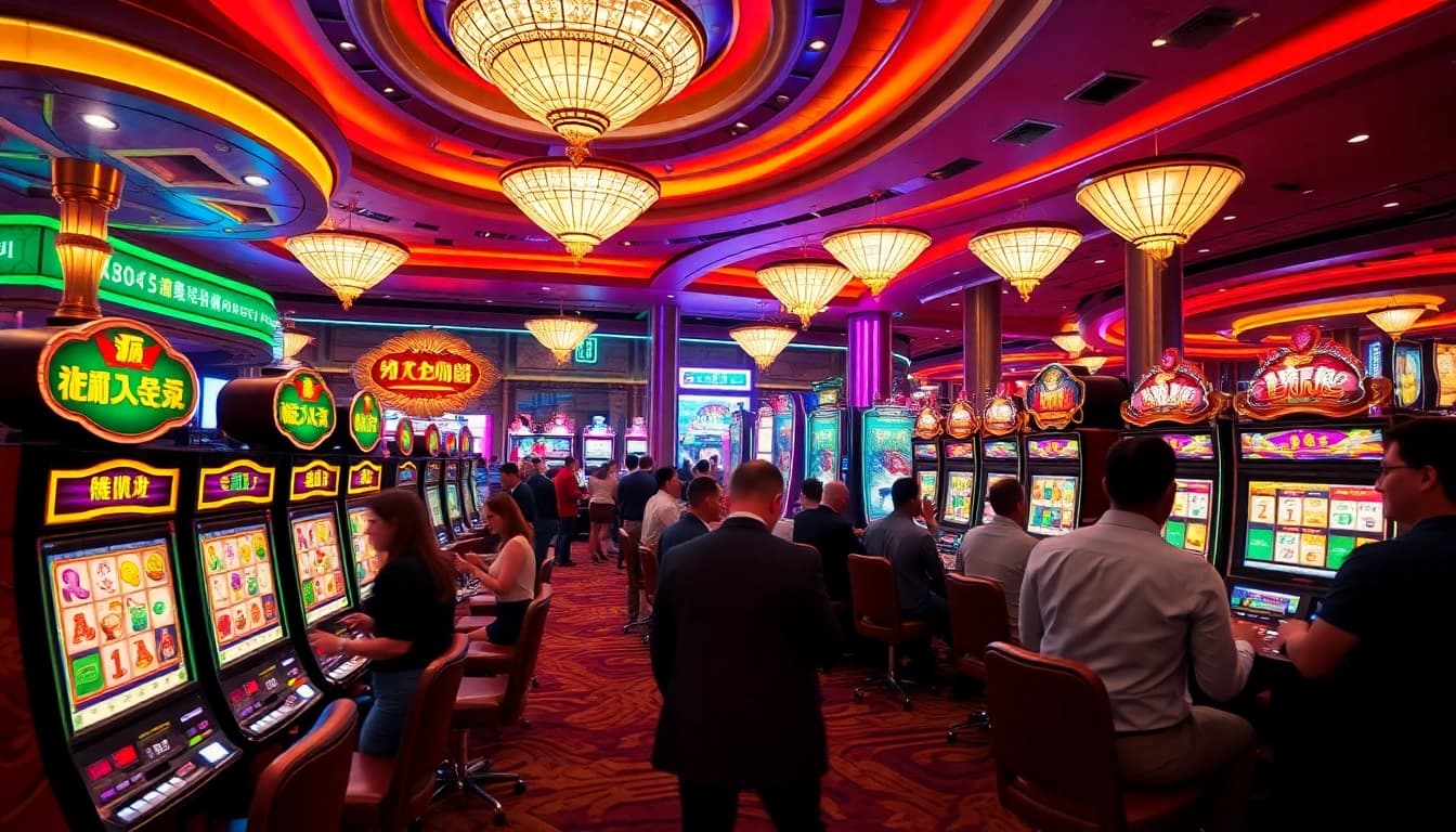 Adegan menarik para pemain yang menikmati slot demo Mahjong di kasino mewah.