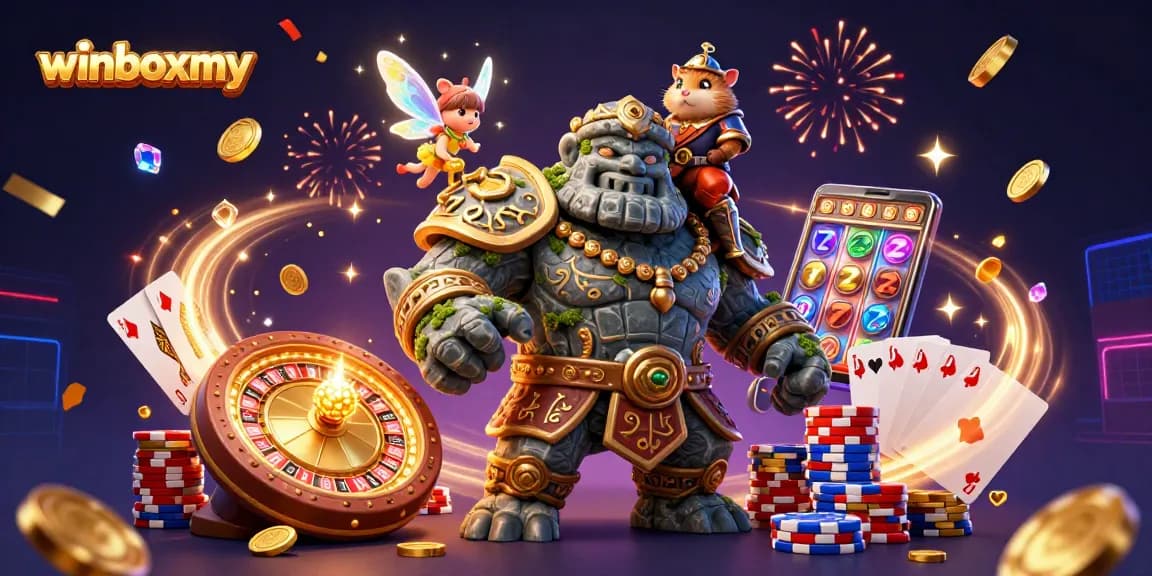 WinboxMY features a vibrant 3D scene with characters and casino-themed elements celebrating wins.