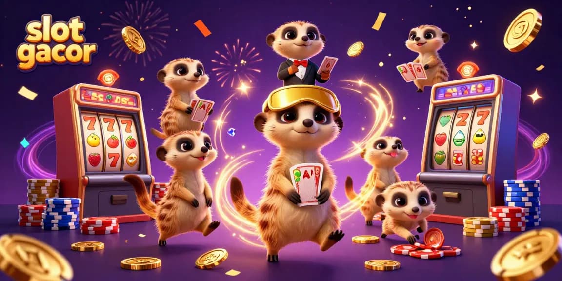 Menangkan slot gacor dengan karakter meerkat lucu dalam ilustrasi kasino yang meriah dan penuh warna.