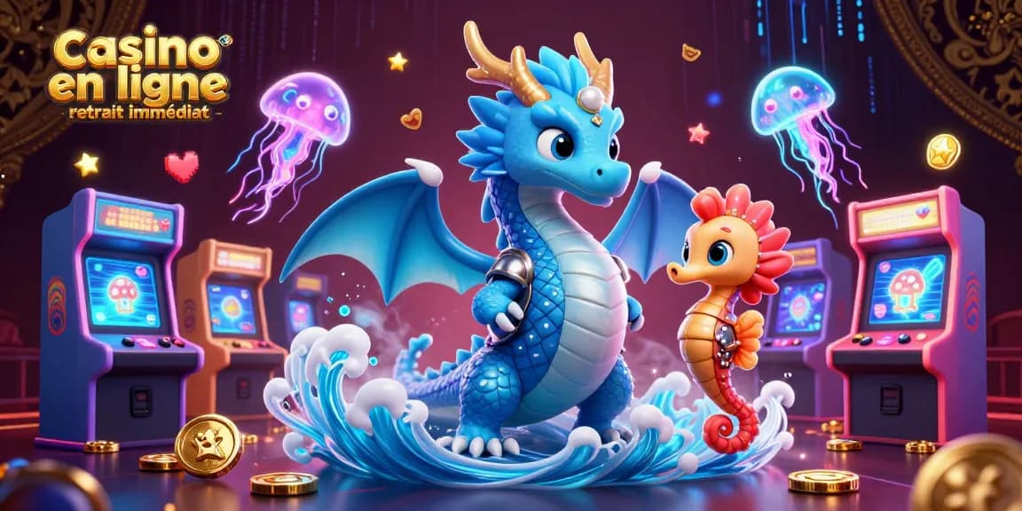 Jouer sur casino en ligne retrait immédiat avec un dragon d'eau et des éléments de jeu vibrants.
