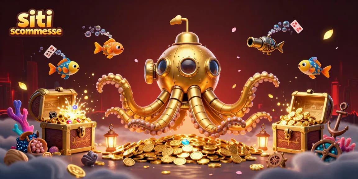 Scopri i migliori siti scommesse con una scena emozionante di casinò subacqueo e oro splendente.