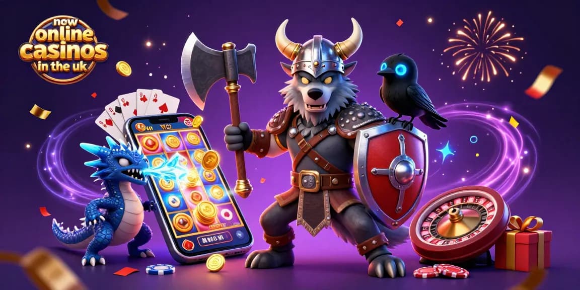 Engage with new online casinos in the uk through a vibrant scene featuring a Viking wolf, dragon, and glowing raven amidst dynamic gaming elements.