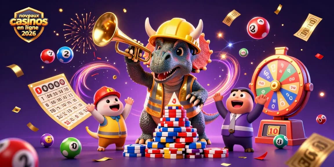 Illustration dynamique célébrant les nouveaux casinos en ligne 2026 avec un tricératops et un parasaurolophus.