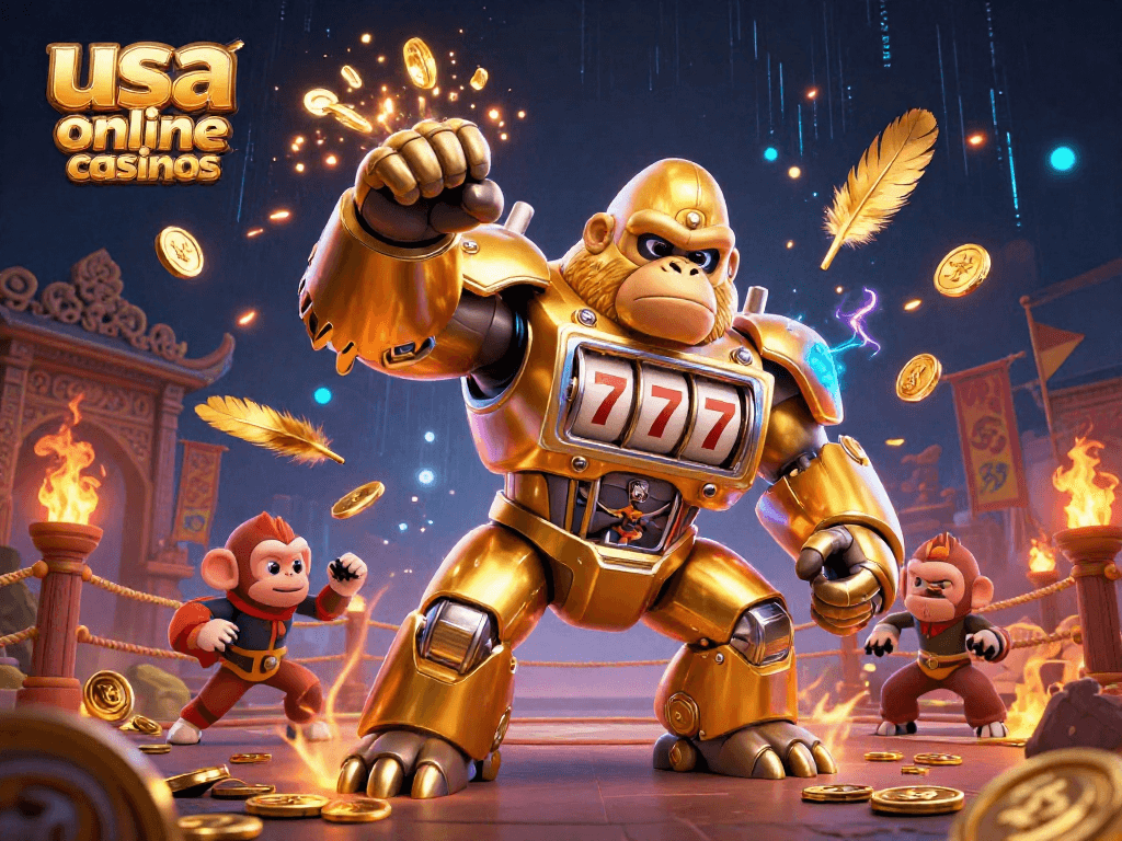 Spin and win at the usa online casinos with exciting gorilla mech and golden treasures.