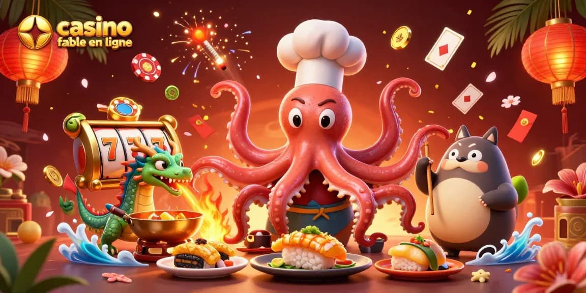 Image représentant un casino fiable en ligne avec un chef sushi en 3D et des éléments de jeu dynamiques.