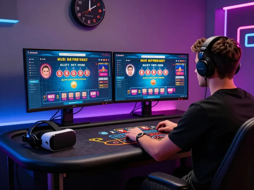 Player engaging in live baccarat on a modern gaming setup, showcasing immersive baccarat사이트 experience.